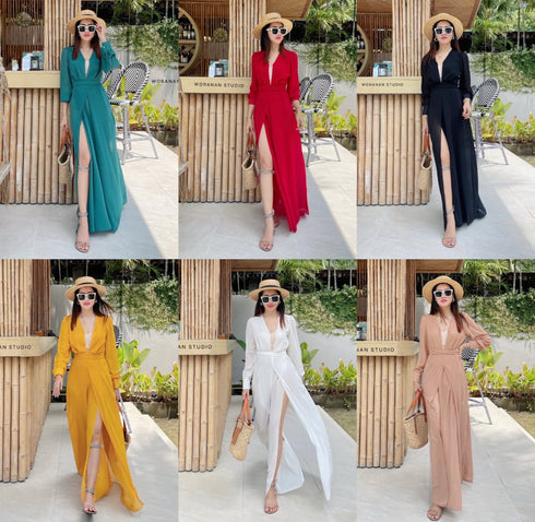 WORANAN STUDIO Deep V Cut Slit Maxi Dress